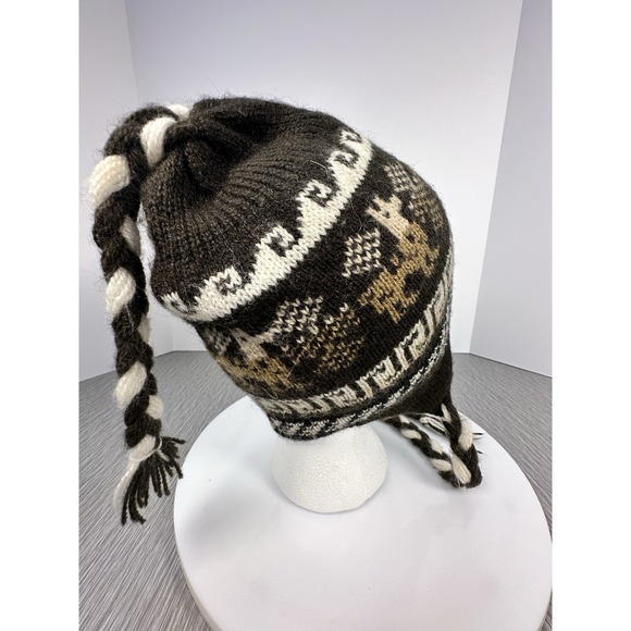 Toboggan Beanie Tassel Ear Flap Hat Knit Braids Llama Browns Creams Chullo - Picture 2 of 7